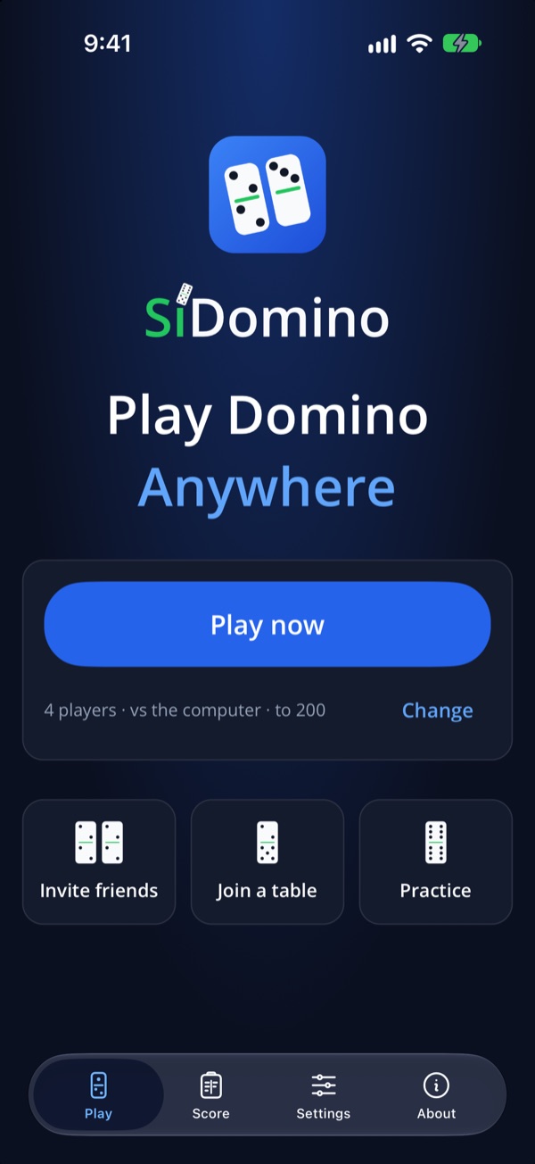 La pantalla de inicio de SiDomino: Jugar ahora, Invitar amigos, Unirse a una mesa y Práctica